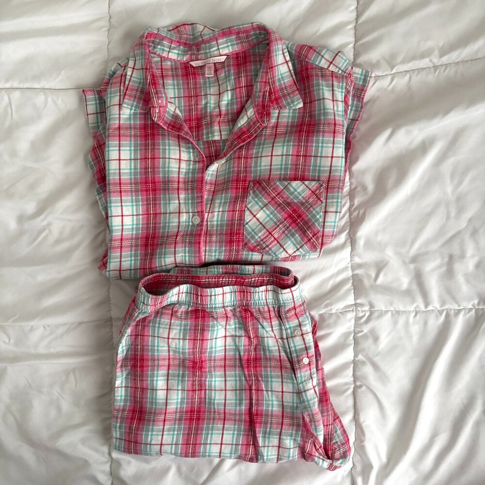 Victoria's Secret Flannel Long Pajama Set Pink, Red, White, Teal Plaid Chic L